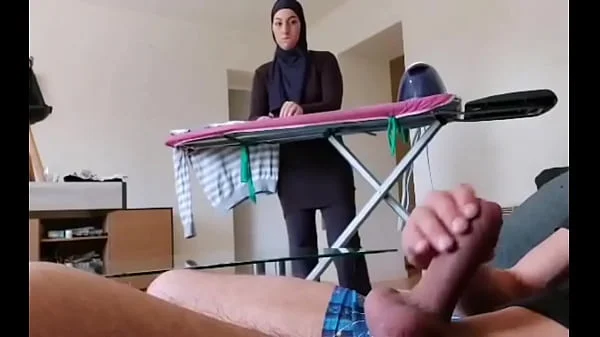 OMG !! He pulls out his cock in front of this muslim maid!!